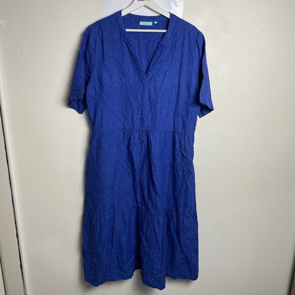 Blue Illusion Dress Size XL French Linen Blue Midi Short Sleeve - Picture 1 of 9